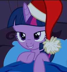 Size: 990x1078 | Tagged: safe, edit, edited screencap, screencap, twilight sparkle, alicorn, pony, g4, power ponies (episode), cap, cute, female, hat, lidded eyes, mare, nightcap, santa hat, solo, twilight sparkle (alicorn)