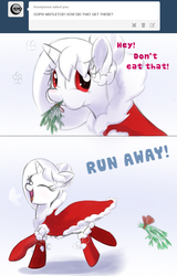 Size: 728x1137 | Tagged: safe, artist:celerypony, oc, oc only, oc:celery, pony, unicorn, cape, christmas, clothes, comic, cute, eating, eyes closed, floppy ears, happy, mistletoe, open mouth, running, silly, silly pony, smiling, snow, socks, solo, this will end in death, tumblr