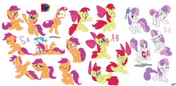 Size: 4290x2086 | Tagged: safe, artist:jowyb, apple bloom, scootaloo, sweetie belle, g4, abuse, applebuse, black eye, brush, brushie, circling stars, crazy face, crying, cutie mark crusaders, derp, dizzy, expressions, faic, injured, magic, open mouth, sad, scared, sketch, sketch dump, waving