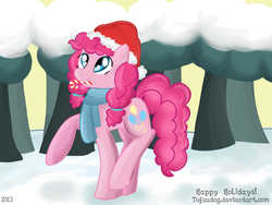 Size: 1024x768 | Tagged: safe, artist:tofuudog, pinkie pie, earth pony, pony, g4, candy cane, clothes, female, hat, looking up, mouth hold, santa hat, scarf, signature, snow, solo, tree, winter
