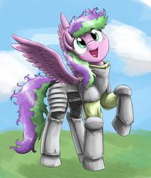 Size: 2032x2383 | Tagged: safe, artist:otakuap, oc, oc only, armor, cute, messy mane, open mouth, raised hoof, smiling, solo, spread wings