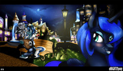 Size: 1024x594 | Tagged: safe, artist:anightlypony, princess luna, oc, oc:nightly, g4, bard, canterlot, night