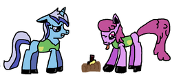 Size: 1024x450 | Tagged: safe, artist:yayshie, berry punch, berryshine, minuette, earth pony, pony, unicorn, g4, cartoony, clothes, dirt, group, hooves, ms paint, tongue out, uniform, wine bottle, winter outfit