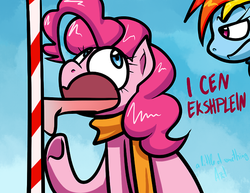 Size: 500x385 | Tagged: dead source, safe, artist:alittleofsomething, pinkie pie, rainbow dash, earth pony, pegasus, pony, g4, 30 minute art challenge, clothes, i can explain, lisp, rainbow dash is not amused, scarf, stuck, tongue out, tongue stuck to pole, tongue stuck to something frozen, tumblr, unamused