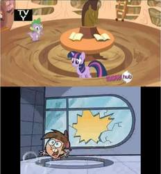 Size: 642x691 | Tagged: safe, edit, edited screencap, screencap, spike, twilight sparkle, pony, unicorn, g4, it's about time, comparison, disney channel, female, hub logo, mare, meme, needs more jpeg, nickelodeon, pacing a trench, tara strong, the fairly oddparents, timmy turner, tv rating, tv y, unicorn twilight, voice actor joke