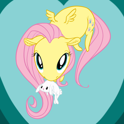 Size: 1000x1000 | Tagged: safe, artist:fxcellent, angel bunny, fluttershy, g4, carrying, ear fluff, flying, looking at you, mouth hold, perspective, scruff