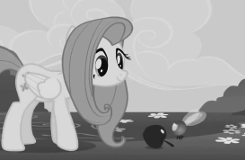 Size: 245x160 | Tagged: safe, screencap, fluttershy, parasprite, g4, swarm of the century, animated, apple, apple murder, crushing, female, grayscale, monochrome, pure unfiltered evil