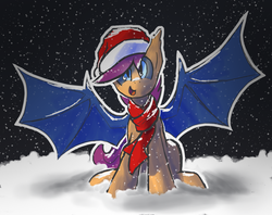 Size: 2299x1820 | Tagged: safe, artist:darkflame75, scootaloo, bat pony, pony, g4, bat ponified, clothes, female, hat, race swap, santa hat, scarf, scootabat, snow, snowfall, solo, student of the night