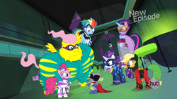 Size: 1440x810 | Tagged: safe, screencap, applejack, fili-second, fluttershy, mistress marevelous, pinkie pie, radiance, rainbow dash, rarity, saddle rager, spike, twilight sparkle, zapp, alicorn, pony, g4, power ponies (episode), female, group shot, humdrum costume, mane seven, mane six, mare, masked matter-horn costume, power ponies, twilight sparkle (alicorn)