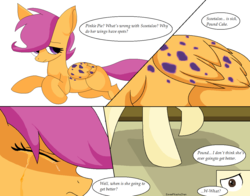 Size: 1261x988 | Tagged: safe, artist:eeveepikachuchan, pinkie pie, pound cake, scootaloo, pegasus, pony, g4, adult, comic, crying, feels, older, sad, sick, text