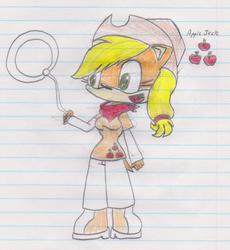 Size: 720x784 | Tagged: safe, artist:brawldrawer, applejack, anthro, plantigrade anthro, g4, female, lasso, lined paper, rope, solo, sonic the hedgehog (series), sonicified, species swap, style emulation, traditional art