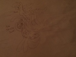 Size: 500x375 | Tagged: safe, artist:llulabeee, rainbow dash, trixie, g4, blushing, female, flying, lesbian, shipping, traditional art, trixdash