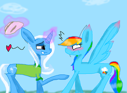 Size: 500x366 | Tagged: safe, artist:ask-zombie-pinkamena, rainbow dash, trixie, g4, bedroom eyes, blushing, clothes, ear blush, embarrassed, female, frown, grin, hat, heart, lesbian, magic, shipping, shirt, smiling, spread wings, telekinesis, trixdash, wide eyes, wingboner