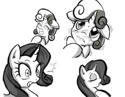 Size: 1092x850 | Tagged: safe, artist:anibaruthecat, rarity, sweetie belle, comic:cat's delicacy, g4, blushing, crying, eyes closed, eyeshadow, floppy ears, monochrome, open mouth, shivering, surprised, wide eyes