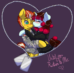 Size: 923x910 | Tagged: safe, artist:fatcakes, oc, oc only, oc:euphoria, oc:honey drizzle, pony, bipedal, clothes, dog tags, heart, honeyphoria, kissing, romantic, soldier