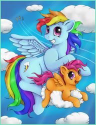 Size: 2500x3248 | Tagged: safe, artist:ratwhiskers, rainbow dash, scootaloo, soarin', spitfire, surprise, g4, cloud, cloudy, scootalove