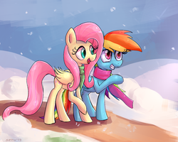 Size: 1000x800 | Tagged: dead source, safe, artist:senx, fluttershy, rainbow dash, pegasus, pony, g4, clothes, scarf, snow, snowfall