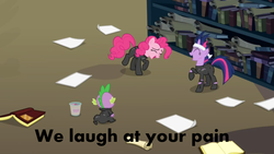 Size: 960x540 | Tagged: safe, pinkie pie, spike, twilight sparkle, g4, caption, meme, spikeabuse, trio