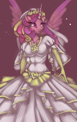 Size: 1657x2599 | Tagged: safe, artist:misukitty, princess cadance, anthro, g4, breasts, clothes, dress, female, solo, wedding dress