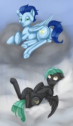 Size: 1520x2629 | Tagged: safe, artist:misukitty, soarin', thunderlane, pegasus, pony, g4, duo, gay, implied shipping, legs in air, male, on back, on side, prone, rain, shipping, soarilane, stallion, underhoof, wet, wet mane