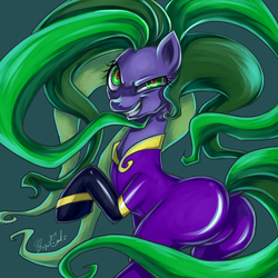 Size: 1000x1000 | Tagged: safe, artist:buzucat, mane-iac, earth pony, pony, g4, power ponies (episode), butt, female, green background, grin, mane-iass, mare, plot, prehensile mane, simple background, smiling, solo, thinking