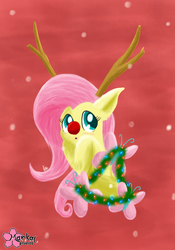 Size: 1907x2718 | Tagged: safe, artist:clouddg, fluttershy, pegasus, pony, g4, :o, antlers, blushing, christmas, christmas lights, cute, female, fluffy, garland, holiday, red nose, solo, tinsel