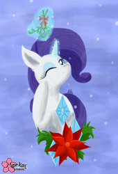 Size: 943x1383 | Tagged: safe, artist:clouddg, rarity, pony, unicorn, g4, christmas, female, flower, magic, mistletoe, one eye closed, poinsettia, solo, telekinesis