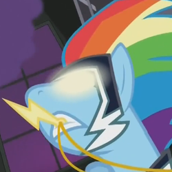 Size: 327x327 | Tagged: safe, screencap, rainbow dash, zapp, g4, power ponies (episode), female, glowing eyes, necklace, power ponies, solo