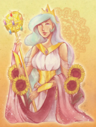 Size: 400x532 | Tagged: safe, artist:miumiuchuu, princess celestia, human, g4, clothes, dress, elements of harmony, female, humanized, light skin, shawl, smiling, solo, staff, sunflower