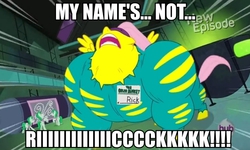 Size: 732x439 | Tagged: safe, edit, fluttershy, saddle rager, g4, power ponies (episode), flutterhulk, image macro, my name's not rick, name tag, power ponies, spongebob squarepants, the fry cook games