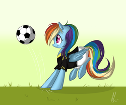 Size: 1024x850 | Tagged: dead source, safe, artist:lolepopenon, rainbow dash, pegasus, pony, g4, clothes, female, football, scrunchy face, solo, sports