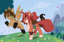 Size: 1071x700 | Tagged: safe, artist:chalodillo, oc, oc only, bag, bandaid, closed mouth, coat markings, countershading, duo focus, ears up, flower, grass, lidded eyes, long tail, markings, mountain, ponytail, raised hoof, saddle bag, socks (coat markings), spread wings, tail, walking, wings