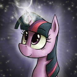 Size: 615x615 | Tagged: safe, artist:paper-pony, twilight sparkle, g4, bust, cute, female, glowing, looking up, magic, portrait, smiling, solo, stars