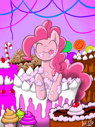 Size: 850x1138 | Tagged: safe, artist:chocolatechilla, pinkie pie, earth pony, pony, g4, :p, cake, candy cane, cherry, cupcake, cute, eating, eyes closed, female, frosting, leaning, licking lips, lollipop, messy, messy eating, muffin, popping out of a cake, smiling, solo, streamers, tongue out
