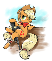 Size: 3159x3762 | Tagged: safe, artist:akikodestroyer, applejack, g4, bandage, bandana, blood, cigarette, earring, female, gun, injured, rifle, sitting, smoking, solo, weapon