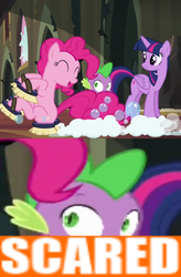 Size: 454x692 | Tagged: safe, spike, twilight sparkle, alicorn, pony, g4, power ponies (episode), female, mare, meme, reaction image, scared, twilight sparkle (alicorn)