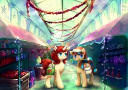Size: 1200x848 | Tagged: safe, artist:crystal-chima, fluttershy, oc, earth pony, pegasus, pony, unicorn, g4, candy, candy cane, christmas, commission, duo focus, female, food, hat, holiday, mare, random pony, saddle bag, santa hat, shopping, standing