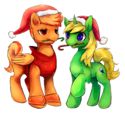 Size: 500x455 | Tagged: safe, artist:crystal-chima, oc, oc only, pegasus, pony, unicorn, candy, candy cane, christmas, clothes, curved horn, duo, female, food, hat, holiday, horn, jacket, male, mare, mouth hold, raised hoof, santa hat, simple background, smiling, stallion, standing, transparent background, unamused