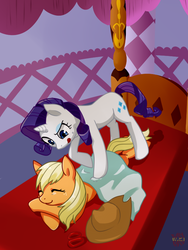 Size: 600x800 | Tagged: safe, artist:norang94, applejack, rarity, g4, bed, bedroom, cowboy hat, eyes closed, female, focus, hat, lesbian, lying, lying down, massage, prone, raised eyebrow, ship:rarijack, shipping, smiling, stetson, tongue out