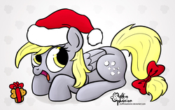 Size: 2134x1336 | Tagged: safe, artist:muffinexplosion, derpy hooves, pegasus, pony, g4, female, hat, mare, muffin, santa hat, solo, tail bow, underp