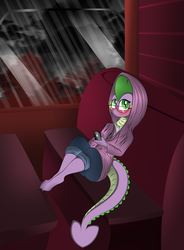 Size: 2385x3236 | Tagged: safe, artist:v-d-k, spike, g4, blushing, cellphone, clothes, earbuds, glasses, hoodie, male, sitting, solo