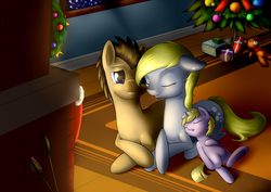 Size: 2500x1771 | Tagged: safe, artist:renatethepony, derpy hooves, dinky hooves, doctor whooves, time turner, earth pony, pegasus, pony, unicorn, g4, christmas, christmas tree, cute, derpabetes, dinkabetes, doctorbetes, equestria's best mother, family, female, filly, male, mare, ship:doctorderpy, shipping, sleeping, stallion, straight, tree