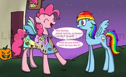 Size: 1584x968 | Tagged: safe, artist:lifekore, pinkie pie, rainbow dash, earth pony, pegasus, pony, fanfic:cupcakes, g4, clothes, costume, cutie mark dress, duo, female, halloween, holiday, horn, horn necklace, jack-o-lantern, mare, necklace, pumpkin, severed horn