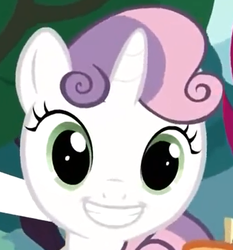 Size: 359x385 | Tagged: safe, screencap, sweetie belle, pony, flight to the finish, g4, my little pony: friendship is magic, faic, female, generic happy face, grin, looking at you, solo