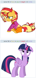 Size: 257x559 | Tagged: safe, sunset shimmer, twilight sparkle, alicorn, pony, unicorn, derpibooru, g4, bed mane, clothes, exploitable meme, floppy ears, juxtaposition, juxtaposition win, long neck, meme, meta, morning ponies, pajamas, twilight sparkle (alicorn)