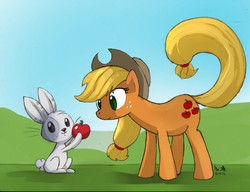 Size: 1169x900 | Tagged: safe, artist:noben, artist:thekitfox, applejack, earth pony, pony, rabbit, g4, apple, female, mare