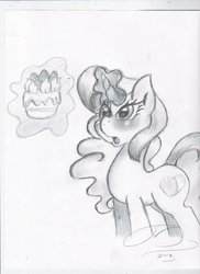 Size: 850x1170 | Tagged: safe, artist:digitaldomain123, artist:steffy-beff, oc, oc only, blushing, cake, magic, monochrome, request, solo, traditional art