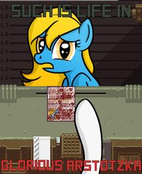 Size: 500x612 | Tagged: safe, artist:10art1, oc, oc only, oc:google chrome, oc:internet explorer, pony, ask-googlechrome, blue coat, browser ponies, crossover, denied, female, frown, google chrome, internet explorer, mare, open mouth, papers please, sad, white coat, yellow eyes, yellow mane