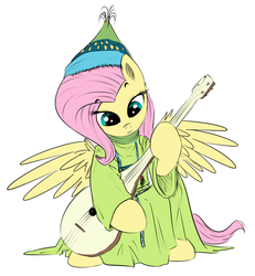 Size: 816x885 | Tagged: safe, artist:xioade, fluttershy, pegasus, pony, g4, dombra, female, hat, islam, islamashy el fatih, kazakh, kazakhstan, lute, mare, musical instrument, simple background, solo, turkic, white background