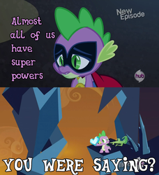 Size: 525x575 | Tagged: safe, edit, edited screencap, screencap, spike, g4, my little pony: friendship is magic, power ponies (episode), the crystal empire, crystal heart, humdrum costume, image macro, power ponies